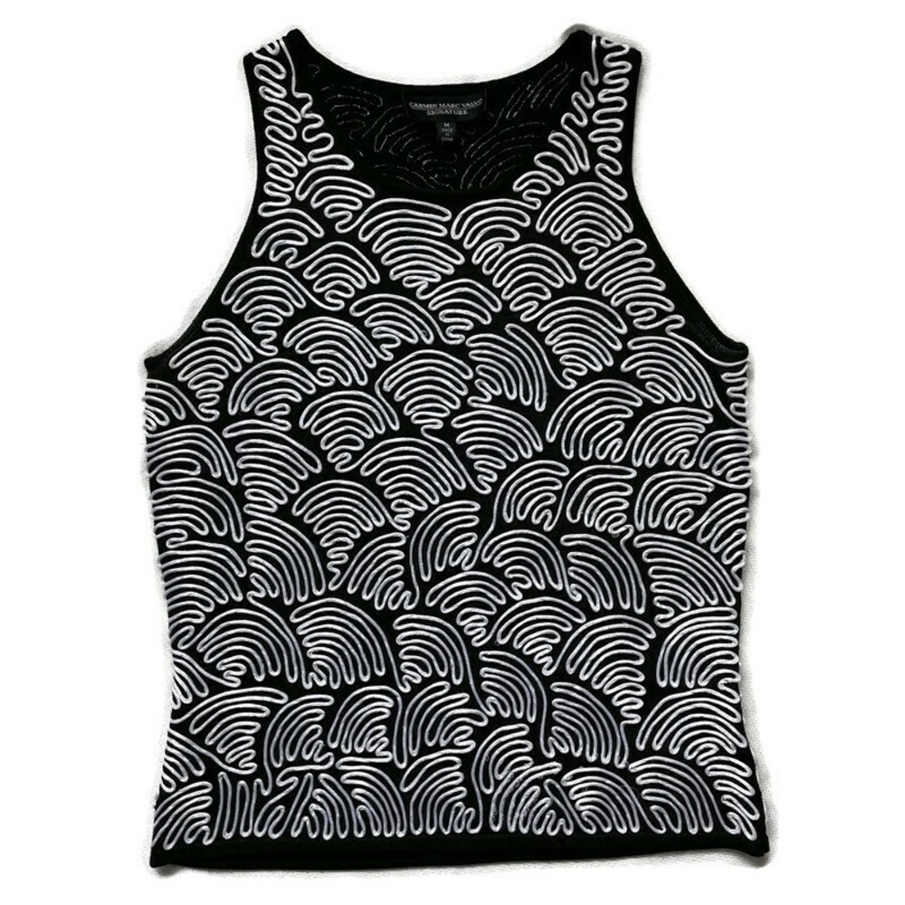 Carmen Marc Valvo Women's Black & White Embroidered Tank Top Size Medium